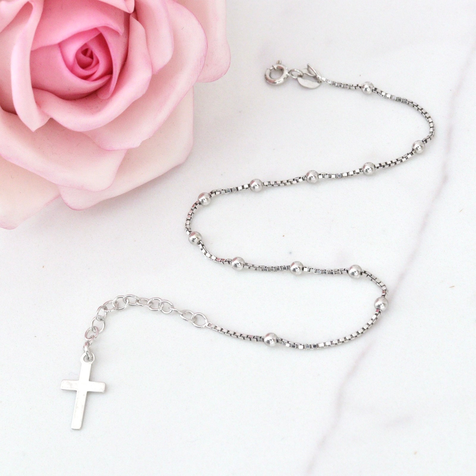 Sterling Silver Rosary Bracelet for Women, Beaded Rosary Bracelet