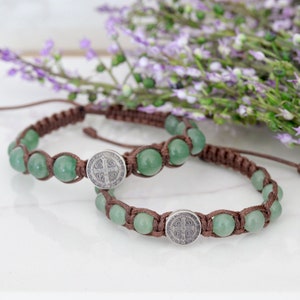 Sterlingzilveren armband rozenkrans heilige Benedictus: groene aventurijn, verstelbaar