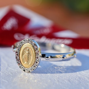 Rosary ring, Miraculous Medal ring, sterling silver 925 rosary,prayer beads ring, diamond cut Virgin Mary,dainty catholic ring with Our Lady