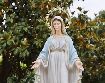 Virgin Mary Statue: Miraculous Medal, Marble Powder, 31.5 Inch
