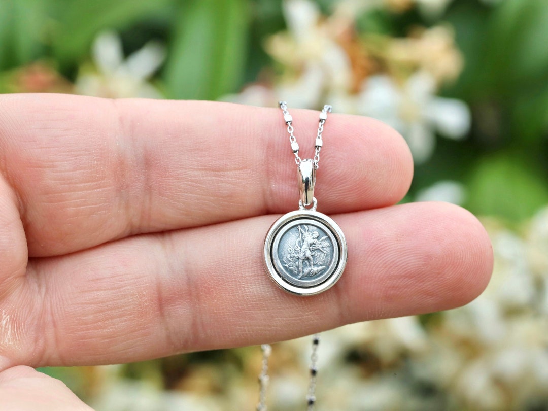 St Michael Pendant, Sterling Silver 925, Round 14 Mm Necklace Pendant