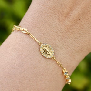 Pulsera de la Medalla Milagrosa, plata de ley 925, pulsera rosario con baño de oro de 18 k para mujer, pulsera rosario de diamantes de imitación azul claro para mujer