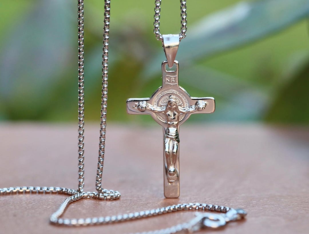 Sterling Silver St. Benedict Crucifix Necklace: Dainty Catholic Cross ...