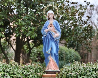 Könnte beinhalten: Eine Statue der Jungfrau Maria, die ein blaues Gewand und eine Dornenkrone trägt und ein Herz in ihren Händen hält.
