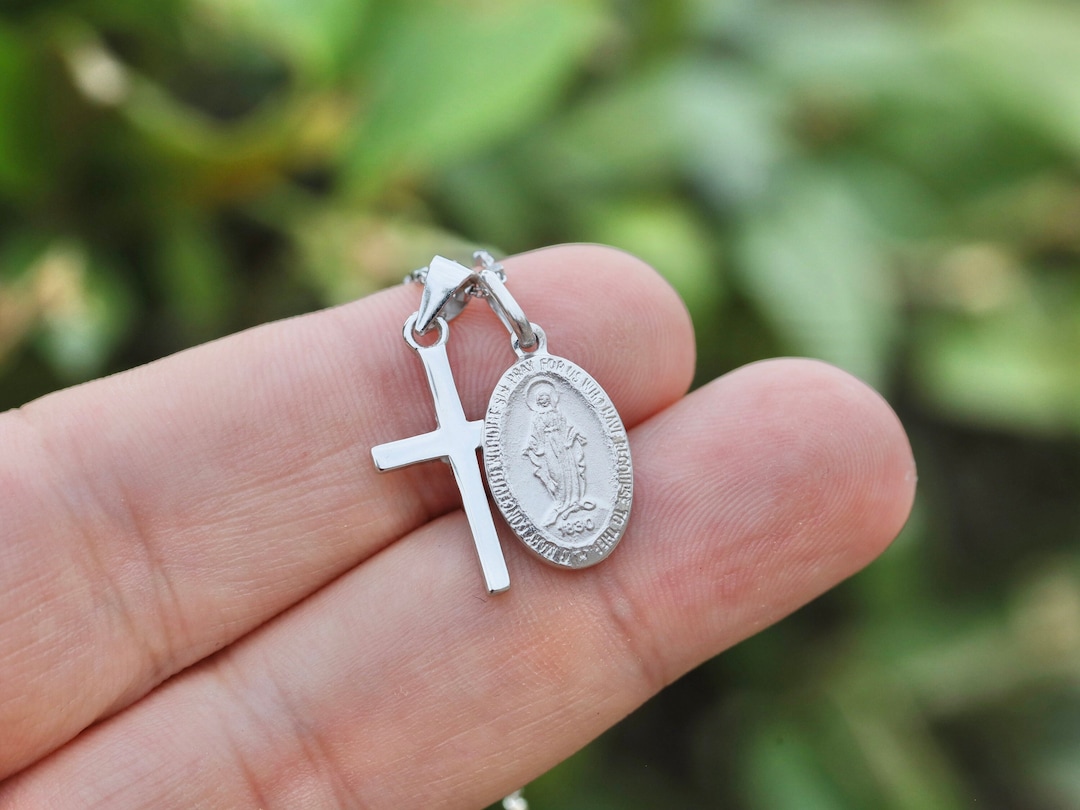 Sterling Silver Cross and Miraculous Medal Necklace - Dainty