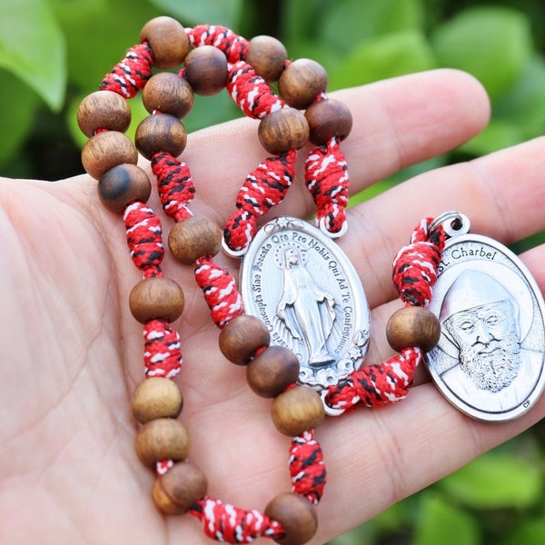 Saint Charbel rosary, St Charbel chaplet, wooden rosary beads, paracord rosary, handmade rosary, red cord chaplet rosary, gift for mum