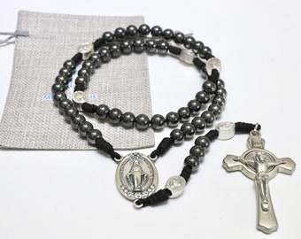 Large black rosary, Paracord rosary for man, St Benedict crucifix rosary with Miraculous Medal, traditional catholic rosary, rosary gift