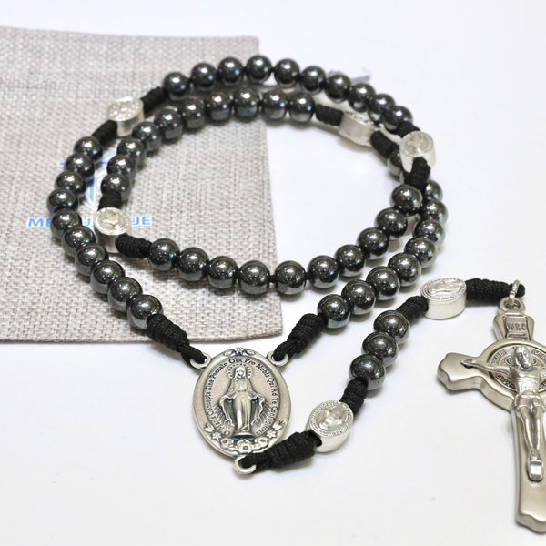 Large black rosary, Paracord rosary for man, St Benedict crucifix rosary with Miraculous Medal, traditional catholic rosary, rosary gift