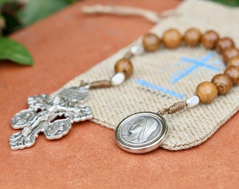 Wooden one decade rosary, pardon crucifix rosary,pocket rosary for man,miraculous medal rosary,dainty rosary, st Benedict one decade rosary