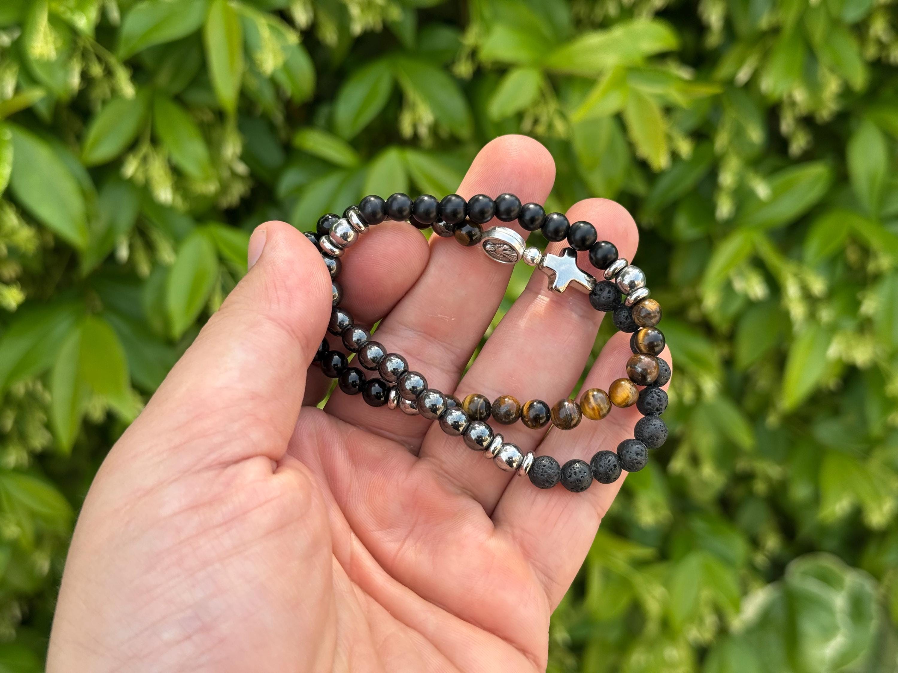 Men's Rosary Bracelet: Lava Stone, Tiger Eye, Hematite, Black Onyx