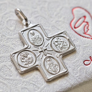 Four way cross, 4way medal. Sterling silver 925  cross, cross with St Joseph Virgin Mary Sacred Heart St Christopher and Miraculous Medal