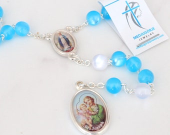 Handmade Saint Joseph Rosary: Blue Acrylic Beads, Silver Medal
