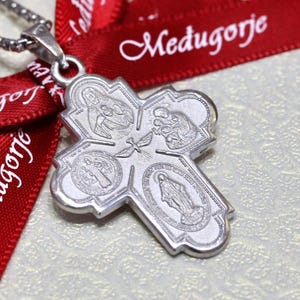 Rhodium Plated Sterling Silver Four Way Cross: Catholic Saints Medallion