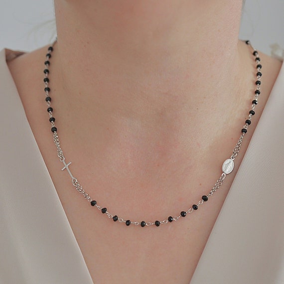 Collana rosario in tormalina nera da donna, collana rosario in argento  sterling 925 con medaglia miracolosa, collana rosario in onice nero da 20  pollici -  Italia