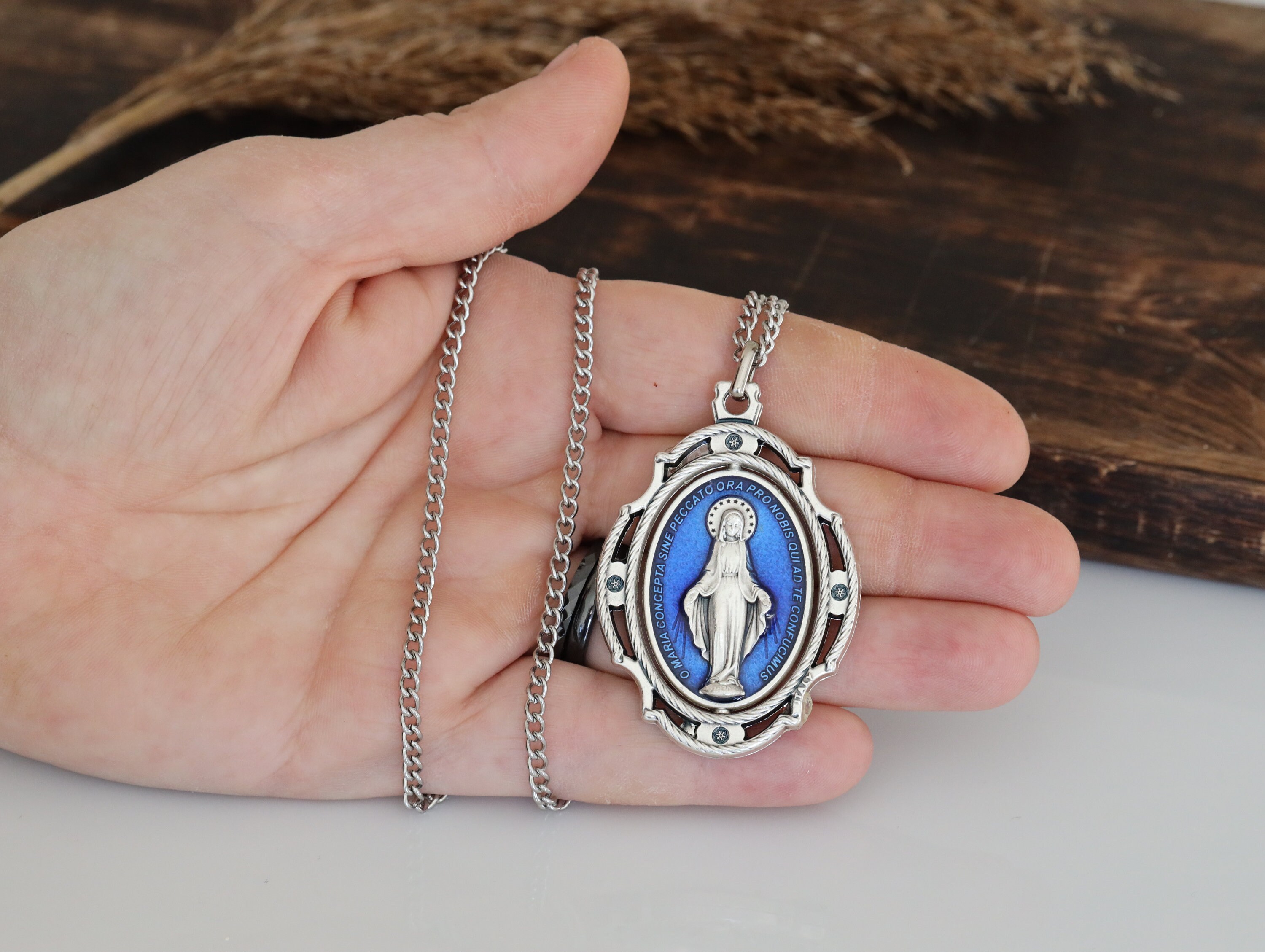 Wowser Sterling Silver Miraculous Medal Pendant - 7/8 Inch Round With Blue Enamel, 24 Inch Chain