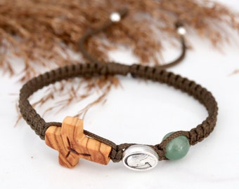 Handmade Woven Olive Wood Cross Bracelet - Military Green