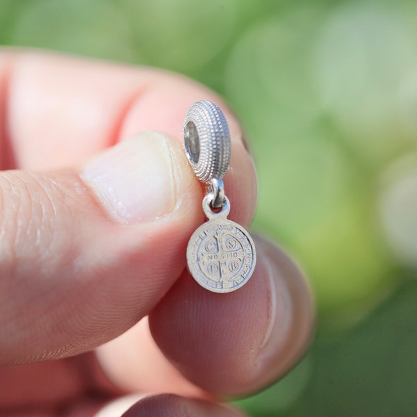 Saint Benedict sterling silver Pandora fit charm, Saint Benedict Pandora pendant, Catholic charm for silver bracelet, cross bracelet  charm