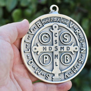 Large St Benedict Medal: Antique Silver Catholic Cross, Home Protection
