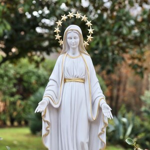 May include: White statue of the Virgin Mary with a gold star halo. The statue is standing in a garden setting.