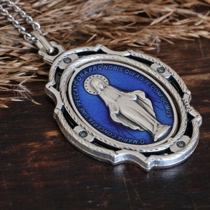 Miraculous Medal pendant,blue  Miraculous Medal medallion , spinning medal, silver plated, blue enamel, medal for women, catholic necklace