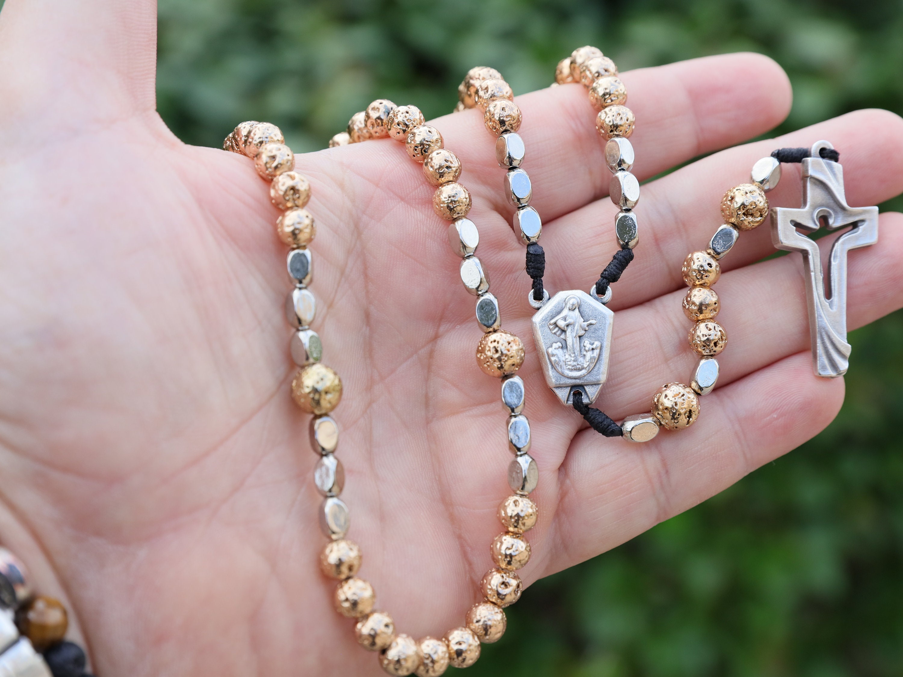 Lava Stone Rosary: Gold Plated Risen Christ Cross, Medjugorje