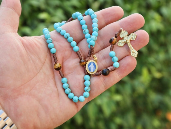 Turquoise Stone Beads Rosary Necklace, Sterling Silver 925