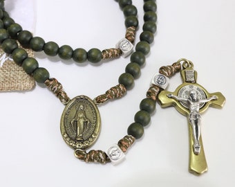 Paracord rosary for man, St Benedict and Miraculous Medal rosary, sturdy military green rosary, tactical rope rosary, large crucifix rosary