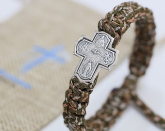 Bracelet en argent sterling avec croix à quatre branches et paracorde : médaille miraculeuse