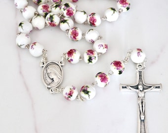 Medjugorje porcelain rosary beads, Queen of Peace rosary, rosary with roses flowers beads, high quality rosary beads, Colorful rosary beads