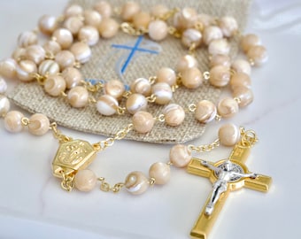 Queen of Peace rosary , Mother of pearl rosary, rosary made with shell, Medjugorje soil rosary, relic soil rosary, St Benedict cross rosary