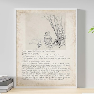 Winnie the Pooh Difficult Days Quote Print • A.A. Milne Illustration • Vintage Book Page Style Wall Art Gift for Tough Times