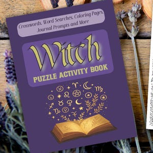 May include: A purple "Witch Puzzle Activity Book" with the word "Witch" in gold lettering, open coloring book pages, and colored pencils on a wooden surface. The coloring book features illustrations of a witch and zodiac signs.