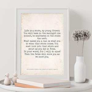 Alexandre Dumas Count of Monte Cristo Quote Print • Life Is a Storm Literary Poster • Black White or Vintage Book Page Wall Art