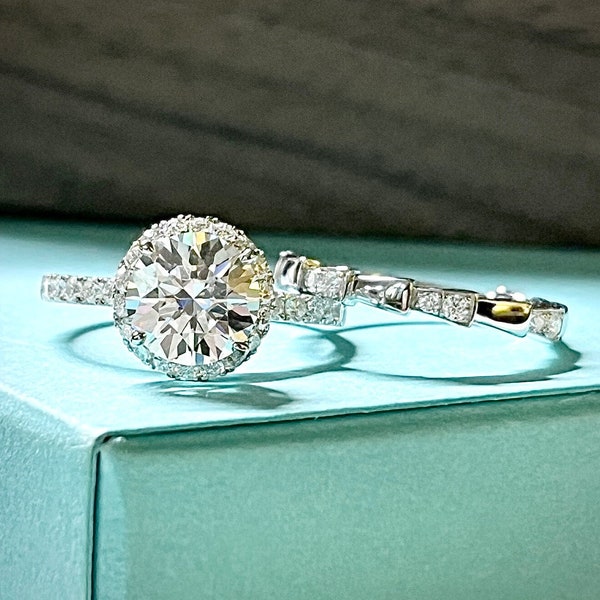 Ethical Diamond Moissanite 2 carat Engagement Ring Set Bridal Set 18K White Gold Plated Silver with geometrical shaped Pave wedding band set