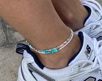 Stretchy Beaded Anklet, Double Wrap Ankle Bracelet, Boho Anklet, Glass Beads, Jewelry, Anklet Set