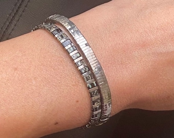 Bracelets empilables, bracelets de perles pour femme, bracelets Miyuki, bracelets carreau Tila, bracelets bohème, argent et noir Picasso