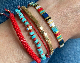 Stackable Bracelets, Stretch Bracelet, Tila Tile Bracelets, Bracelet Set, 24K Gold Plated, Turquoise, Boho Bracelets, Trend Bracelet, Red