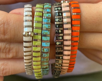 Stackable Bracelets, Stretch Bracelet, Miyuki Bracelets, Tila Tile Bracelets, Boho Bracelets, Friendship Bracelet, Silver plated