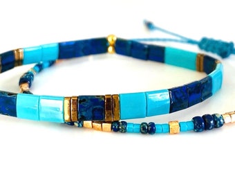 Boho Miyuki Tila Bracelet, Adjustable Cord Wristband, Stretch Tile Bead Bracelet, Custom Size Stacking Jewelry, Friendship Gift for Her