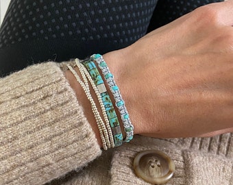 NEW!! Turquoise & Silver Color, Stackable Bracelets, Tila Bracelets, Macrame Bracelet, Bracelets For Women, Friendship Bracelet