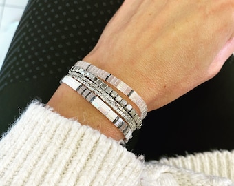 Handmade Miyuki Tila Bracelet Set: White & Silver Color Boho Stackable Bracelets