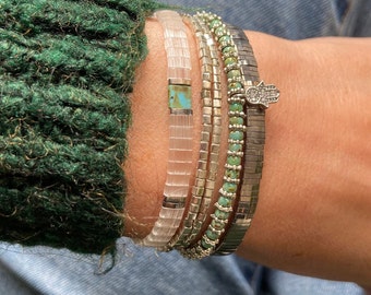 Bracelets empilables, bracelets de perles pour femme, bracelet réglable, bracelets miyuki, bracelets carreau tila, bracelets bohèmes, bracelets hamsa