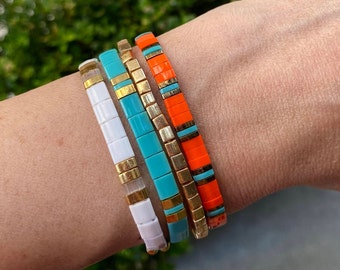 Handmade Miyuki Beaded Stretch Bracelet: Colorful Tila Boho Style