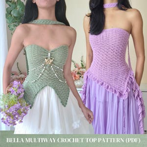 May include: Two crochet tops, one sage green and one lavender. The green top features a butterfly charm with pearl-like beaded chains. The lavender top has a matching choker and a ruffled hem. Both are strapless, textured garments.