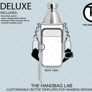 Paquete Deluxe: Bolsa para botellas Xbody con bolsillo para teléfono = Bocetos planos de bolso de mano vectorial (incluye varias vistas, archivos Cad vectoriales y biblioteca digital)