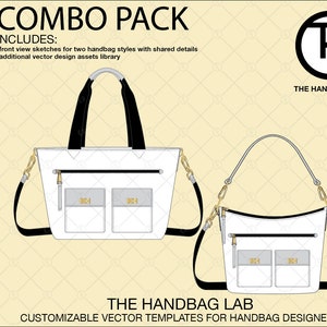 May include: A combo pack featuring front view sketches of two handbag styles: a nylon tote and a bucket bag. The bags are white with black straps and gold-colored hardware. The text "COMBO PACK" and "THE HANDBAG LAB" are visible.