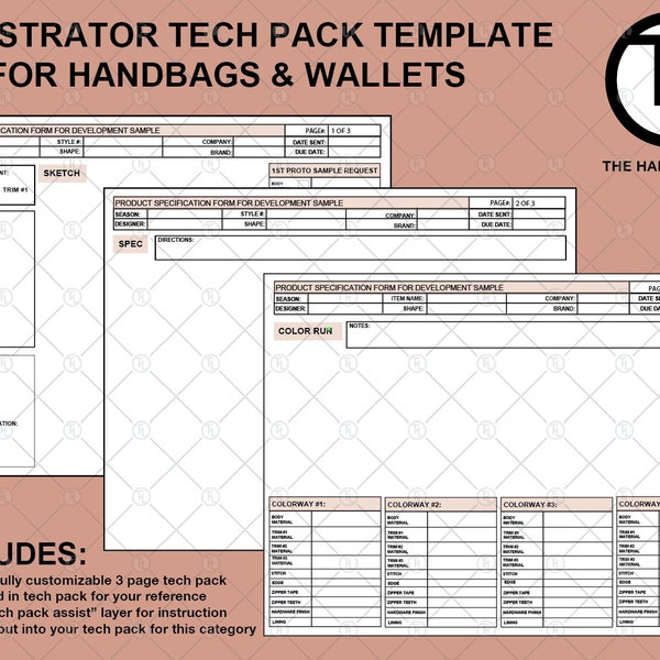 Illustrator Tech Pack Template for Handbags and Wallets (includes additional Tech Pack Assist Layer)