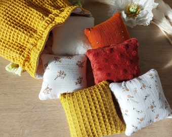 Sensory cushions and autumnal pouch all handmade OekoTex double gauze, honeycomb and minky padded with hypoallergenic wadding