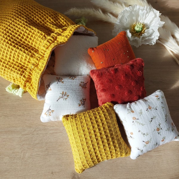 Coussins sensoriels et pochon automnal tout OekoTex fait main double gaze, nid d'abeille et minky rembourrés en ouatine hypoallergénique