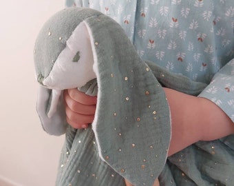 Rabbit comforter all OEKOTEX handmade in France in green double gauze swaddle with gold dots and premium quality white Minky with reliefs